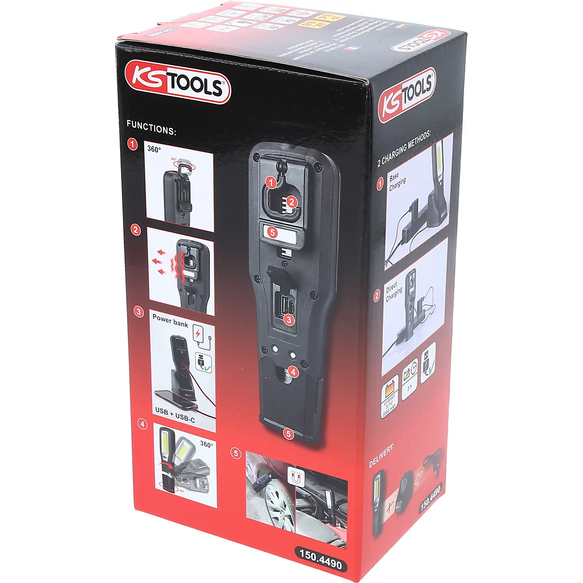 Zwarte en rode productverpakking met diverse functie-illustraties: 360° rotatie, snelladen, powerbank-functie. KS TOOLS logo prominent.